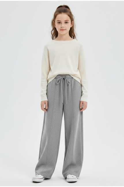 Pantalon Gris Ample Droit Molletonné Décontracté Cordon
