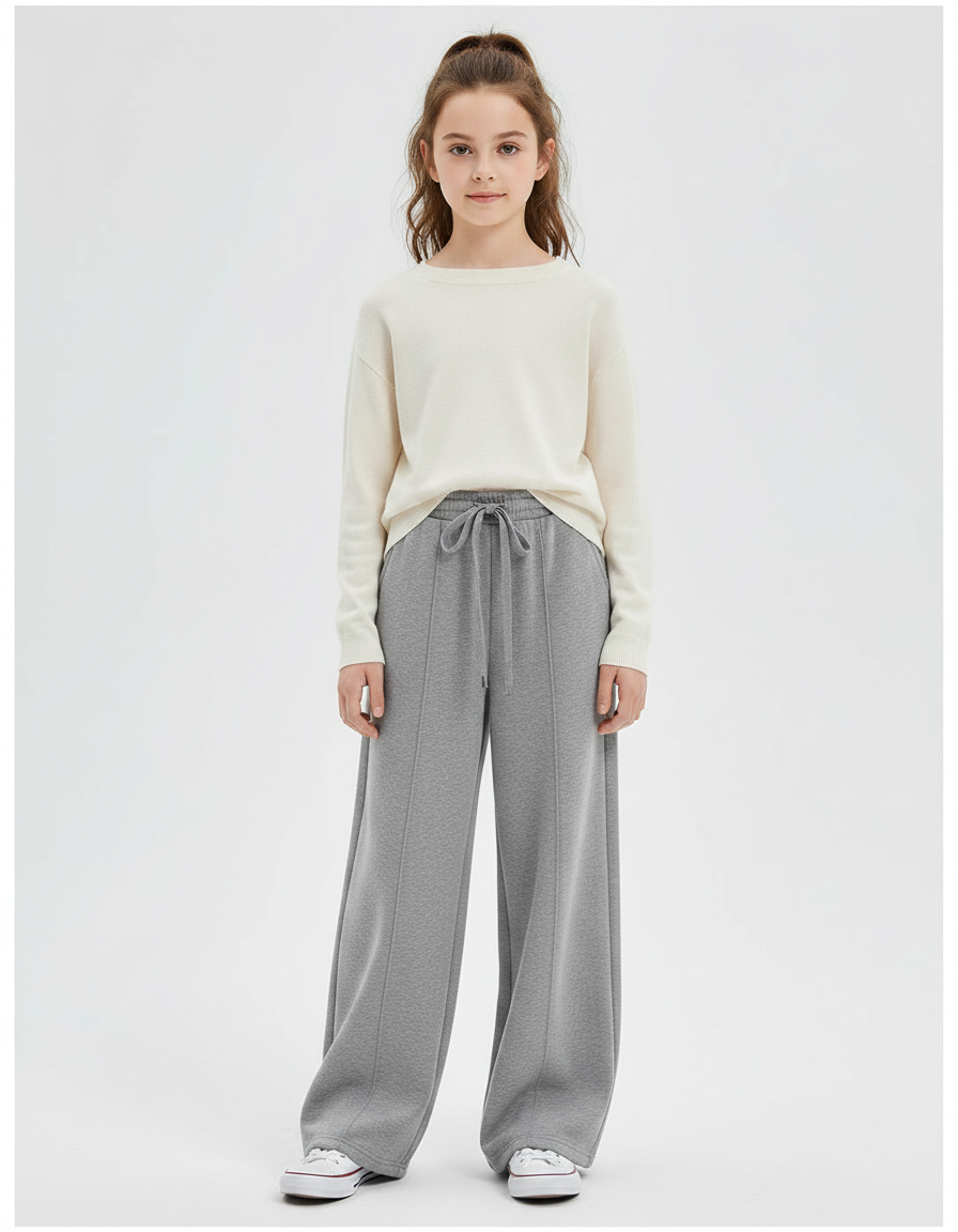 Pantalon Gris Ample Droit Molletonné Décontracté Cordon