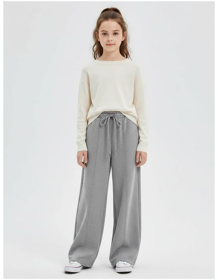 Pantalon Gris Ample Droit Molletonné Décontracté Cordon