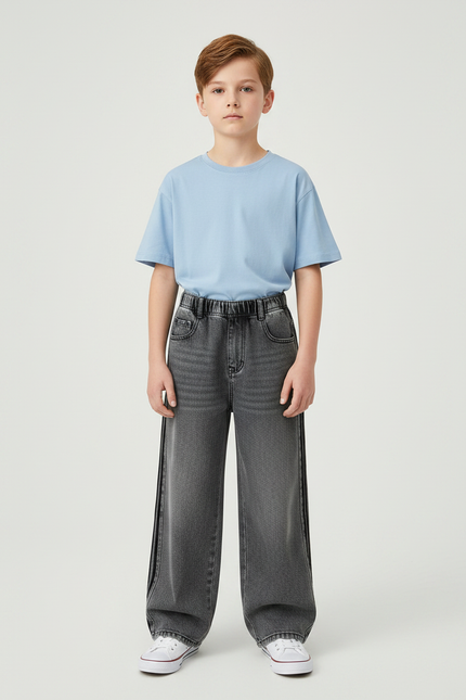 Pantalon Gris Denim Large Rayures Latérales Garçon - Jean