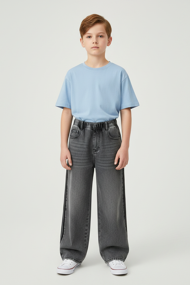 Pantalon Gris Denim Large Rayures Latérales Garçon - Jean