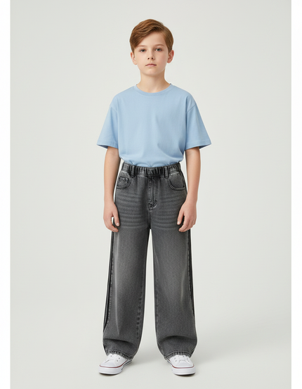 Pantalon Gris Denim Large Rayures Latérales Garçon - Jean
