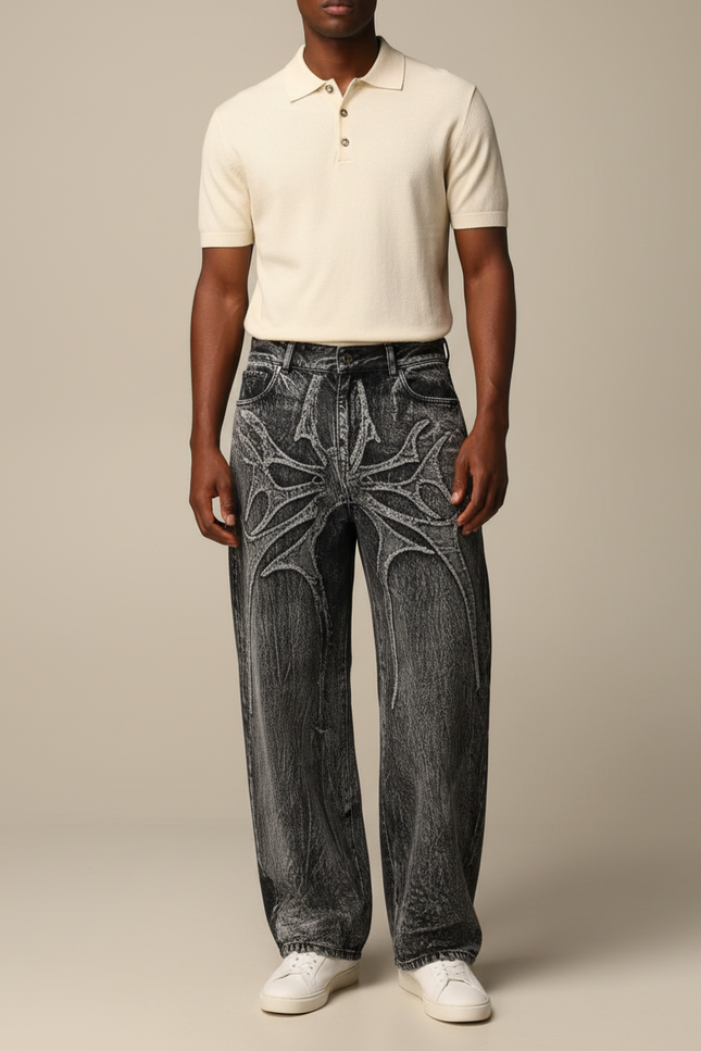 Pantalon Gris Jean Ample Brodé Spider Y2K