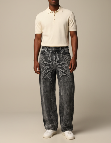 Pantalon Gris Jean Ample Brodé Spider Y2K