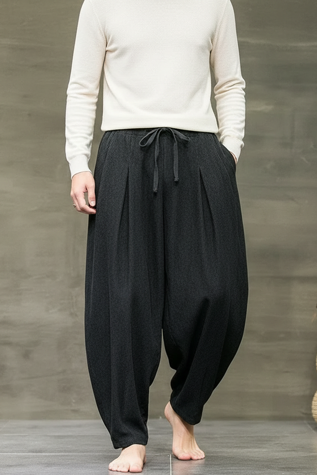 Pantalon Gris Harem Ample Confortable Décontracté Cordon - Lin