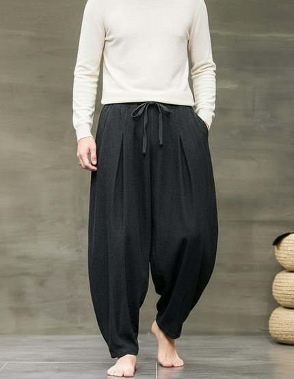 Pantalon Gris Harem Ample Confortable Décontracté Cordon - Lin