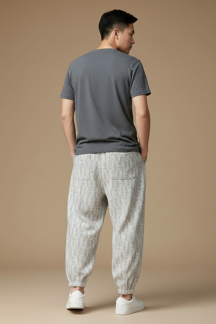Pantalon Gris Ample Décontracté Ethnique Motif Géométrique - Lin - vue 2