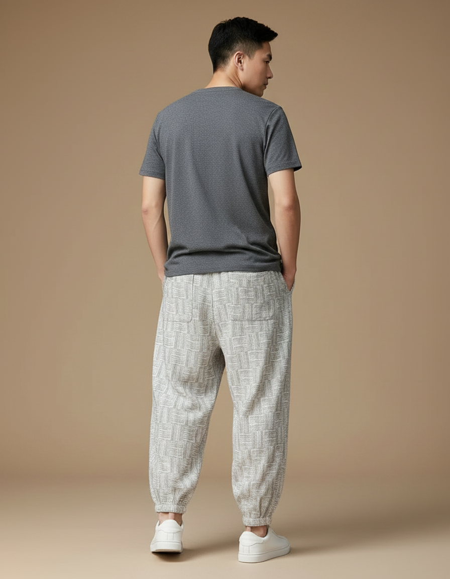 Pantalon Gris Ample Décontracté Ethnique Motif Géométrique - Lin - vue 2