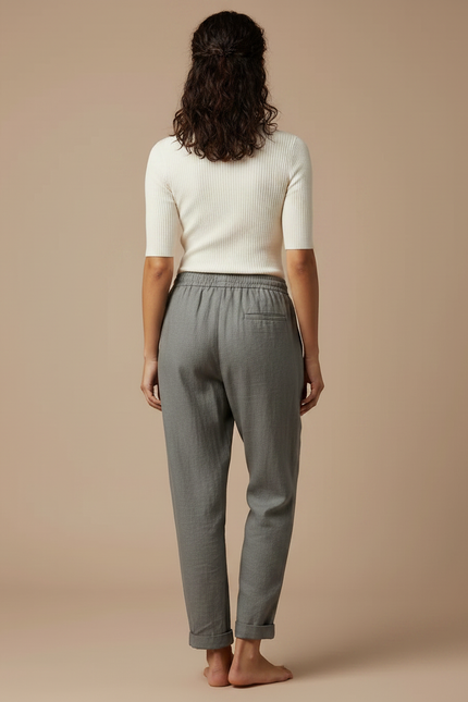 Pantalon Gris Lin Coton Fluide Décontracté Femme - vue 2
