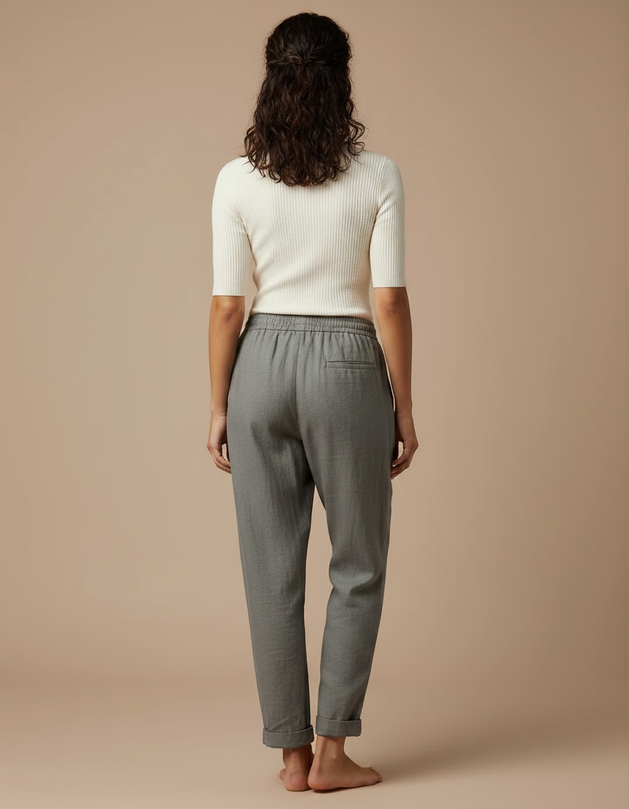 Pantalon Gris Lin Coton Fluide Décontracté Femme - vue 2