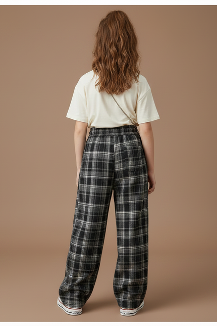 Pantalon Gris Ample Plaid Cordon Décontracté - Laine - vue 2