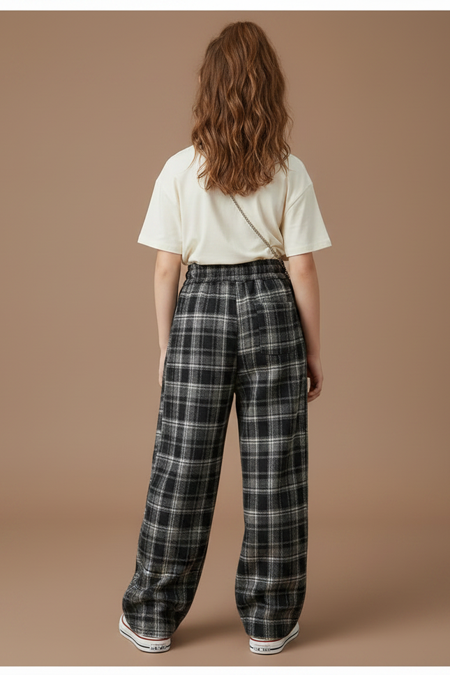 Pantalon Gris Ample Plaid Cordon Décontracté - Laine - vue 2