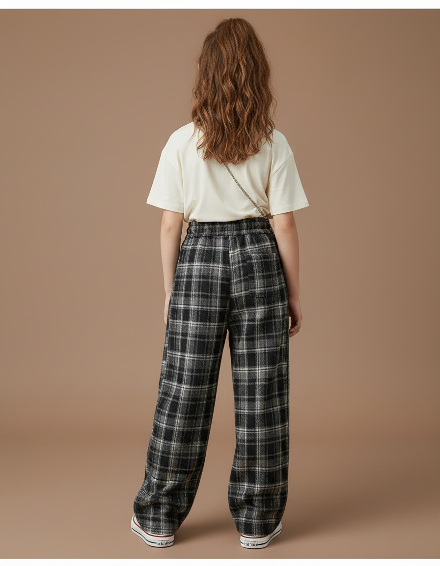 Pantalon Gris Ample Plaid Cordon Décontracté - Laine - vue 2