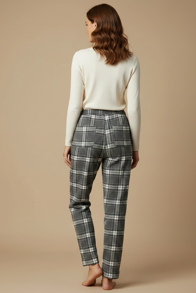Pantalon Gris Carreaux Molletonné Confortable Femme - vue 2