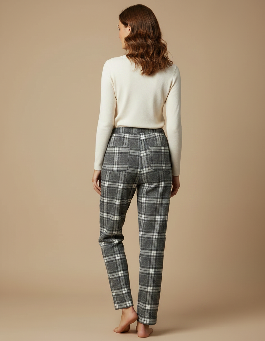 Pantalon Gris Carreaux Molletonné Confortable Femme - vue 2