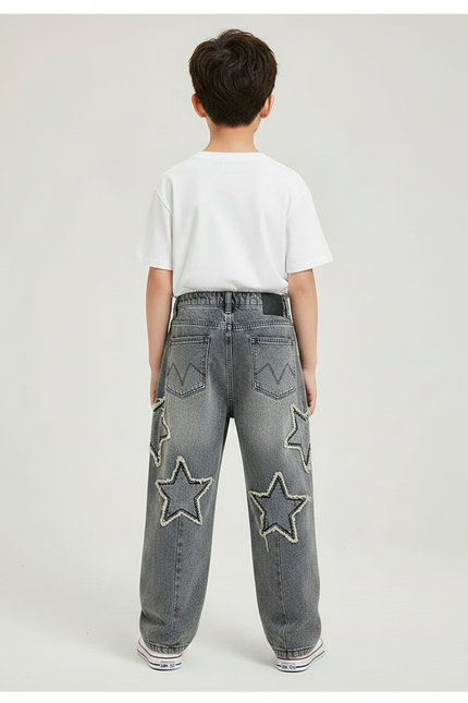 Pantalon Gris Denim Ample Étoiles Déchiré Garçon - Jean - vue 2
