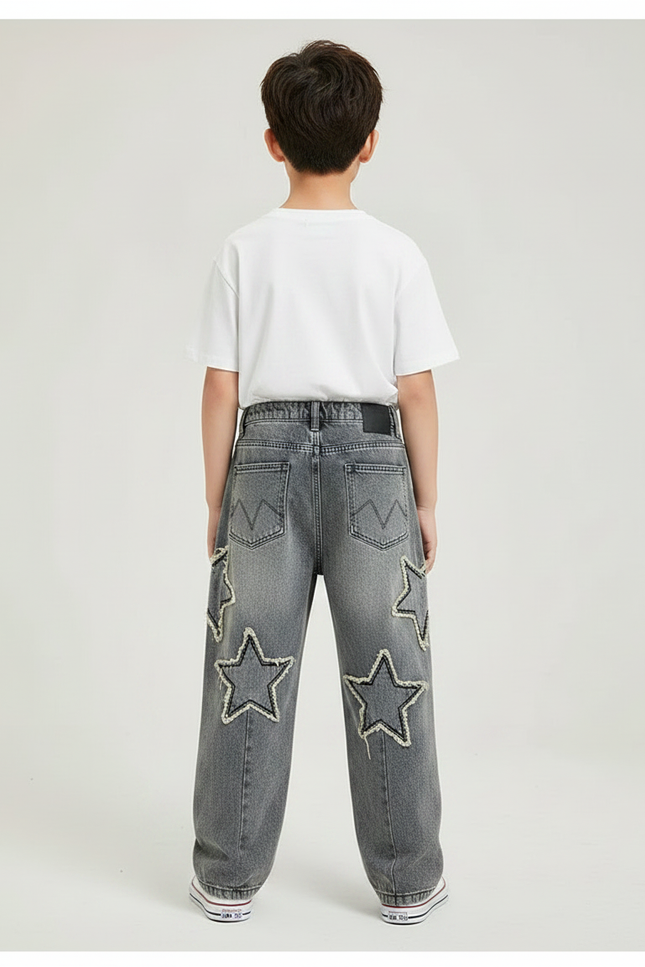 Pantalon Gris Denim Ample Étoiles Déchiré Garçon - Jean - vue 2