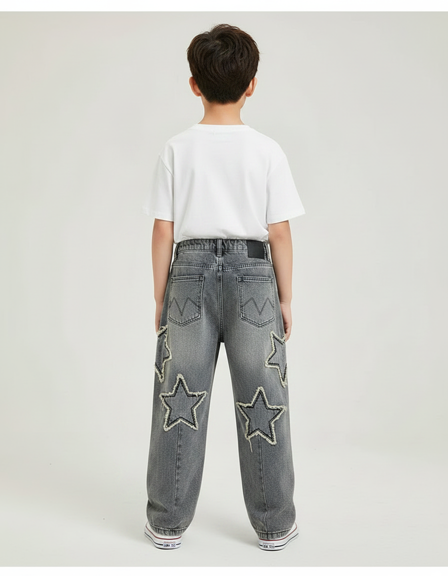 Pantalon Gris Denim Ample Étoiles Déchiré Garçon - Jean - vue 2