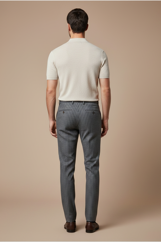 Pantalon Gris Rayé Slim Habillé Élégant Homme - Laine - vue 2