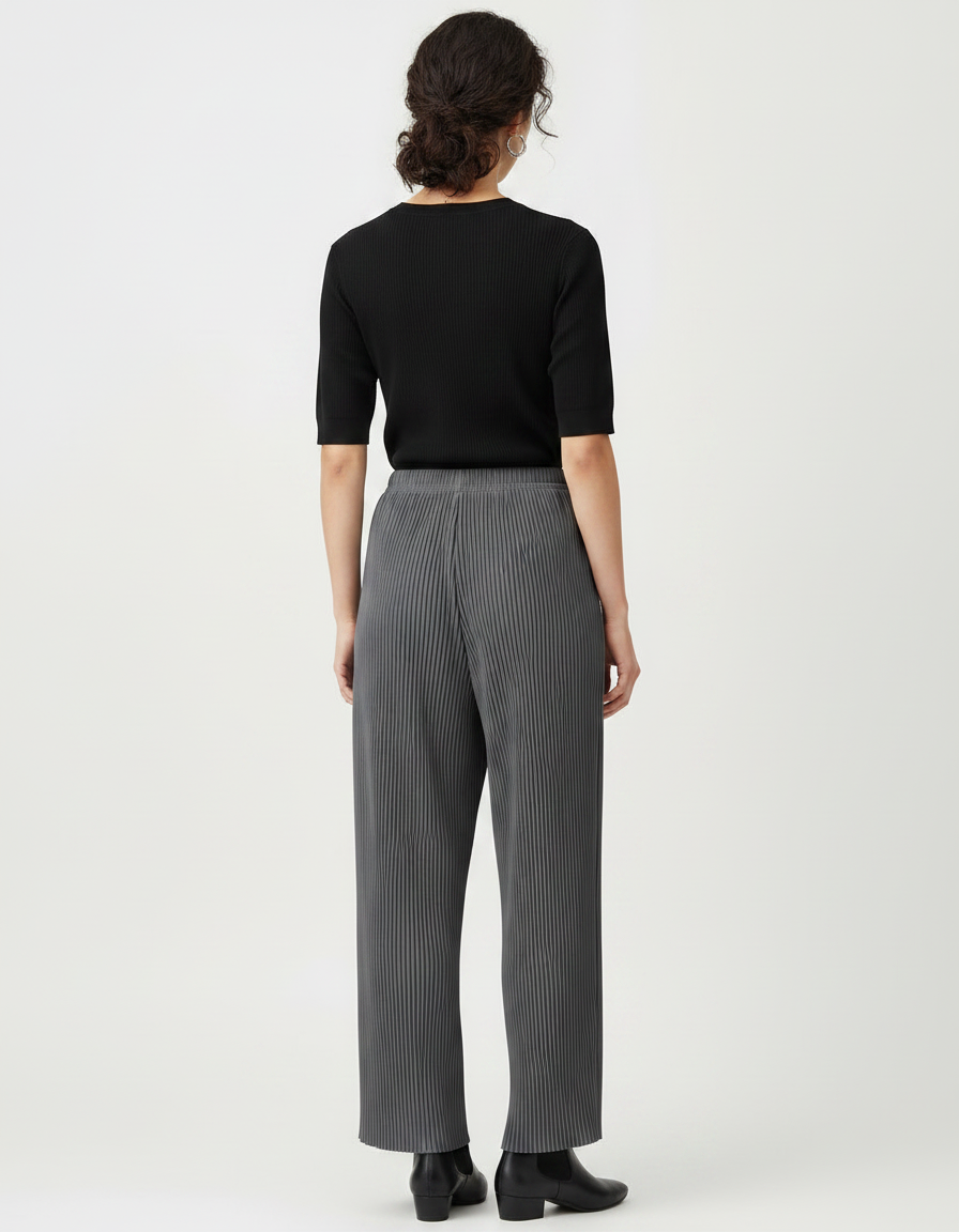 Pantalon Gris Plissé Fluide Décontracté Large Femme - Polyester - vue 2