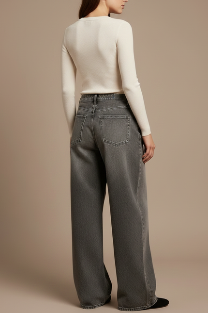 Pantalon Gris Jean Ample Taille Haute Femme - vue 2
