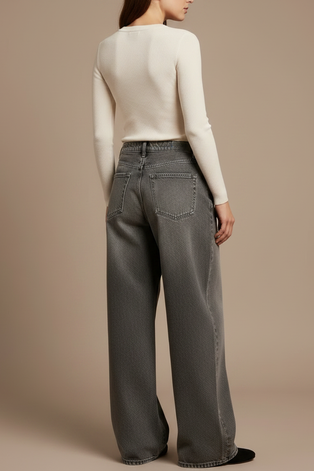 Pantalon Gris Jean Ample Taille Haute Femme - vue 2
