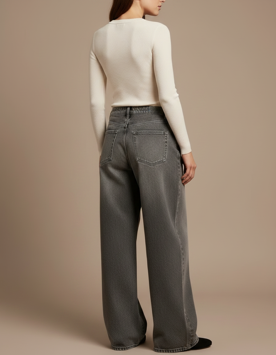 Pantalon Gris Jean Ample Taille Haute Femme - vue 2