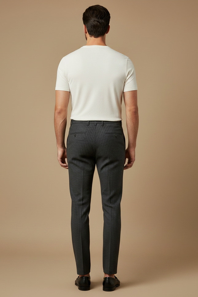 Pantalon Gris Rayé Slim Élégant Habillé Homme - Laine - vue 2