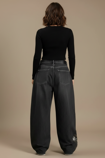 Pantalon Gris Jean Ample Brodée Streetwear Y2K - vue 2
