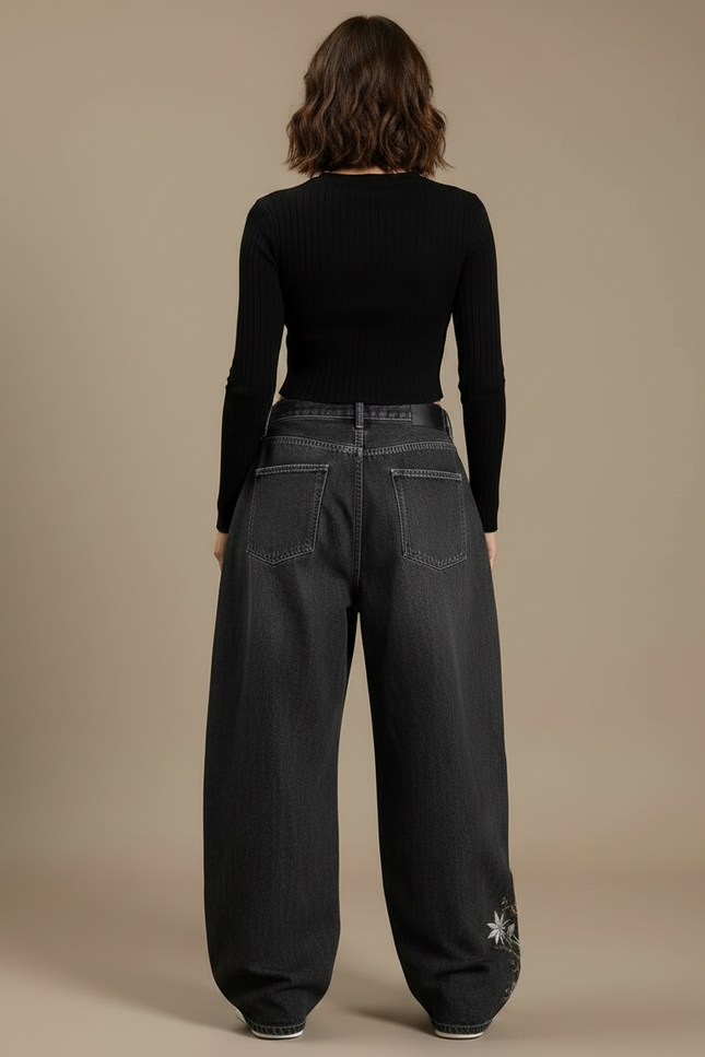 Pantalon Gris Jean Ample Brodée Streetwear Y2K - vue 2