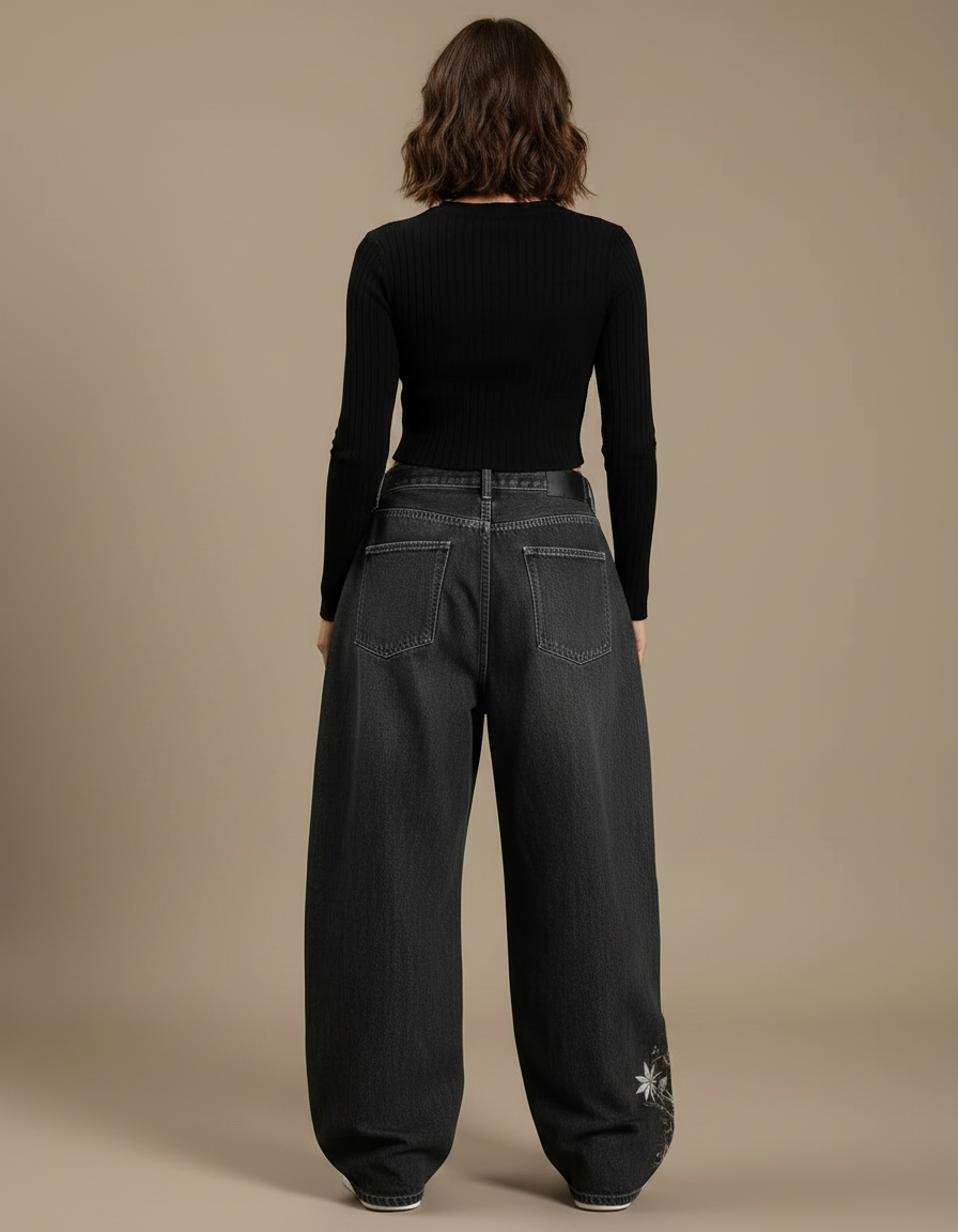 Pantalon Gris Jean Ample Brodée Streetwear Y2K - vue 2