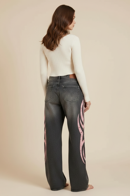 Pantalon Gris Baggy Imprimé Tribal Rose Y2K - Jean - vue 2