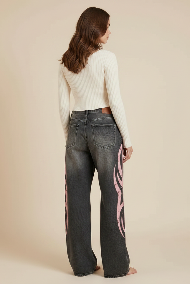 Pantalon Gris Baggy Imprimé Tribal Rose Y2K - Jean - vue 2