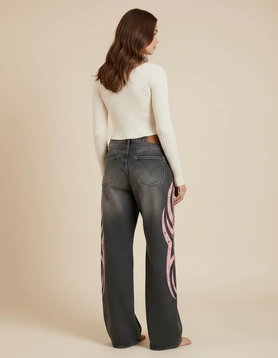 Pantalon Gris Baggy Imprimé Tribal Rose Y2K - Jean - vue 2