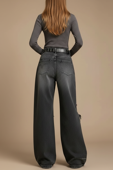 Pantalon Gris Large Délavé Détruit Femme - Jean - vue 2