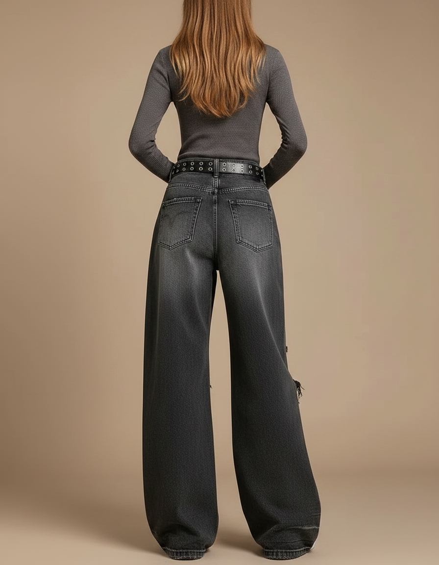 Pantalon Gris Large Délavé Détruit Femme - Jean - vue 2