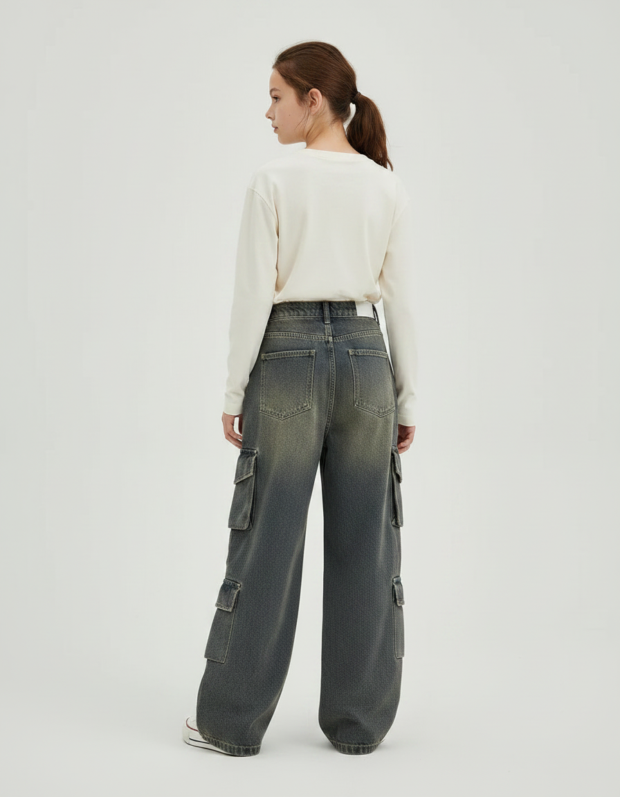Pantalon Gris Cargo Ample Délavé Denim Enfant - Jean - vue 2