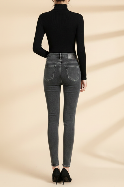 Pantalon Gris Skinny Taille Haute Boutons Femme - Jean - vue 2