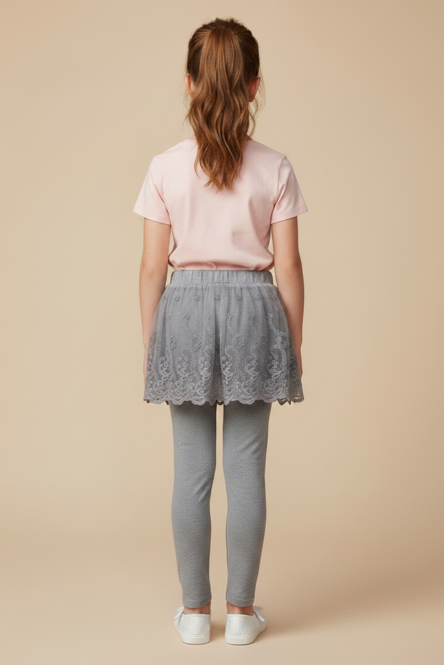 Pantalon Gris Legging Jupe Tulle Dentelle Fille - Maille - vue 2