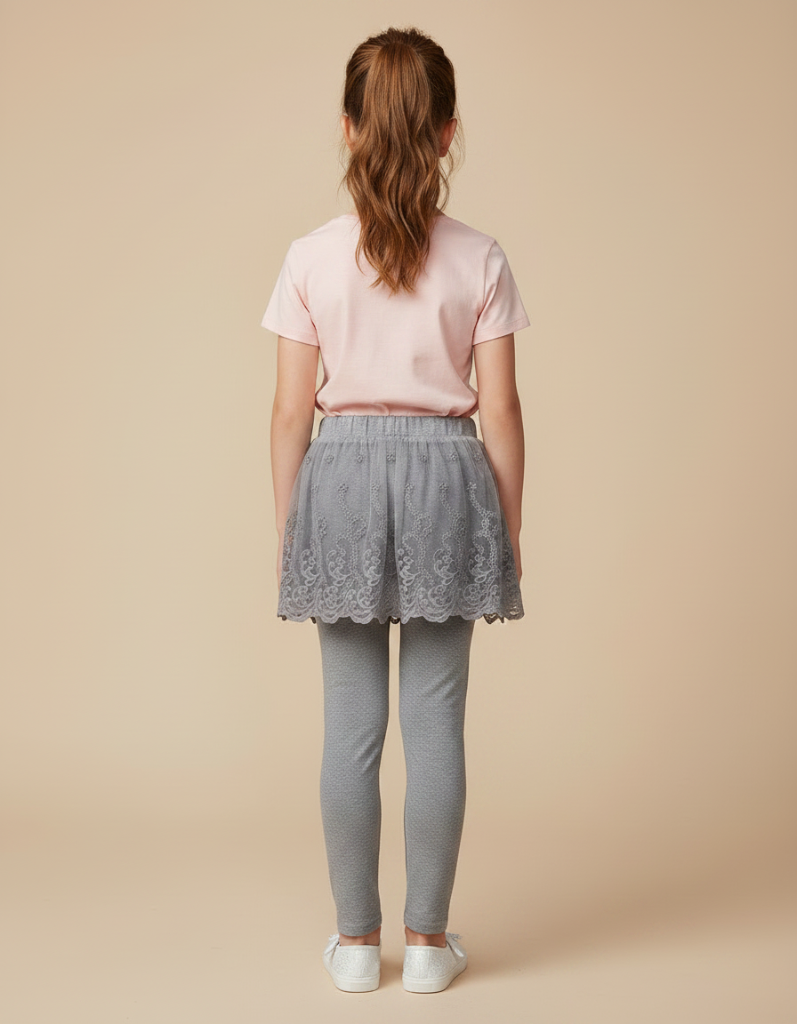 Pantalon Gris Legging Jupe Tulle Dentelle Fille - Maille - vue 2