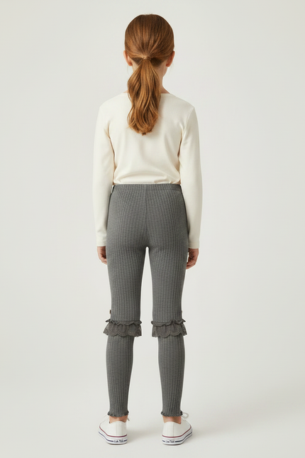 Pantalon Gris Côtelé Fille Dentelle Décoratif - Maille - vue 2