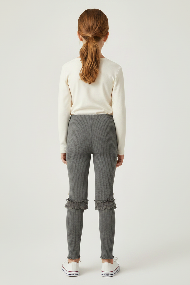 Pantalon Gris Côtelé Fille Dentelle Décoratif - Maille - vue 2