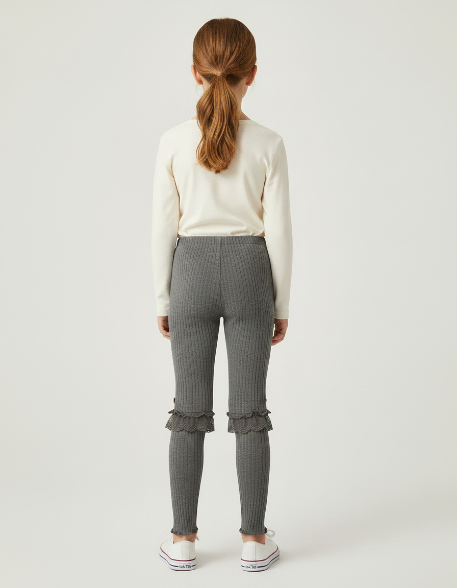 Pantalon Gris Côtelé Fille Dentelle Décoratif - Maille - vue 2