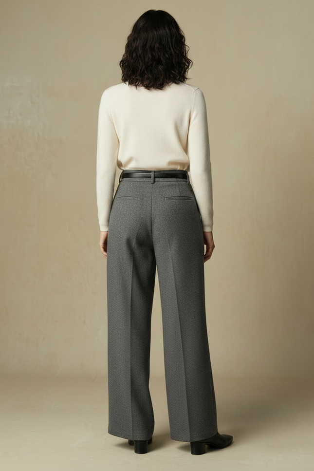 Pantalon Gris Laine Ample Plissé Élégant Femme - vue 2