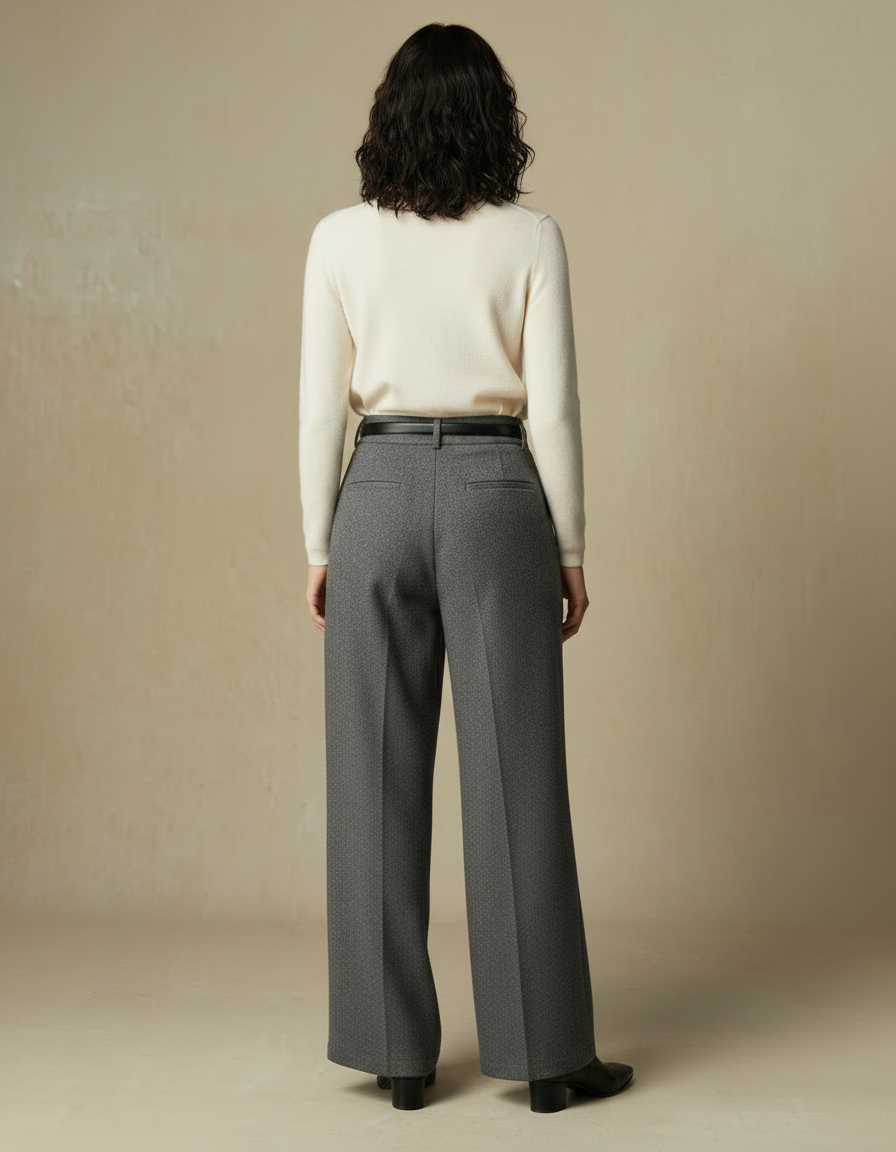 Pantalon Gris Laine Ample Plissé Élégant Femme - vue 2