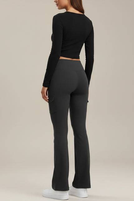 Pantalon Gris Évasé Taille Haute Sport Yoga - Polyester - vue 2
