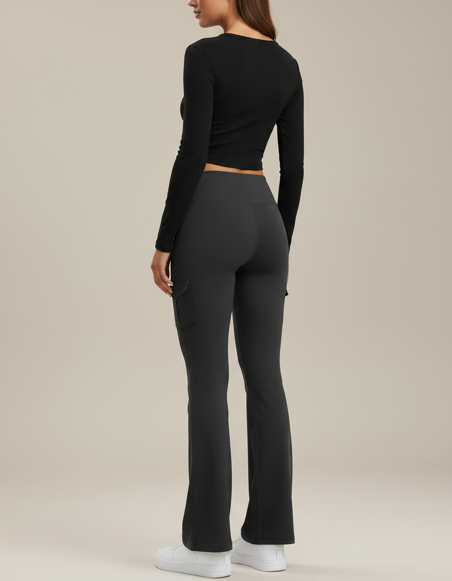 Pantalon Gris Évasé Taille Haute Sport Yoga - Polyester - vue 2