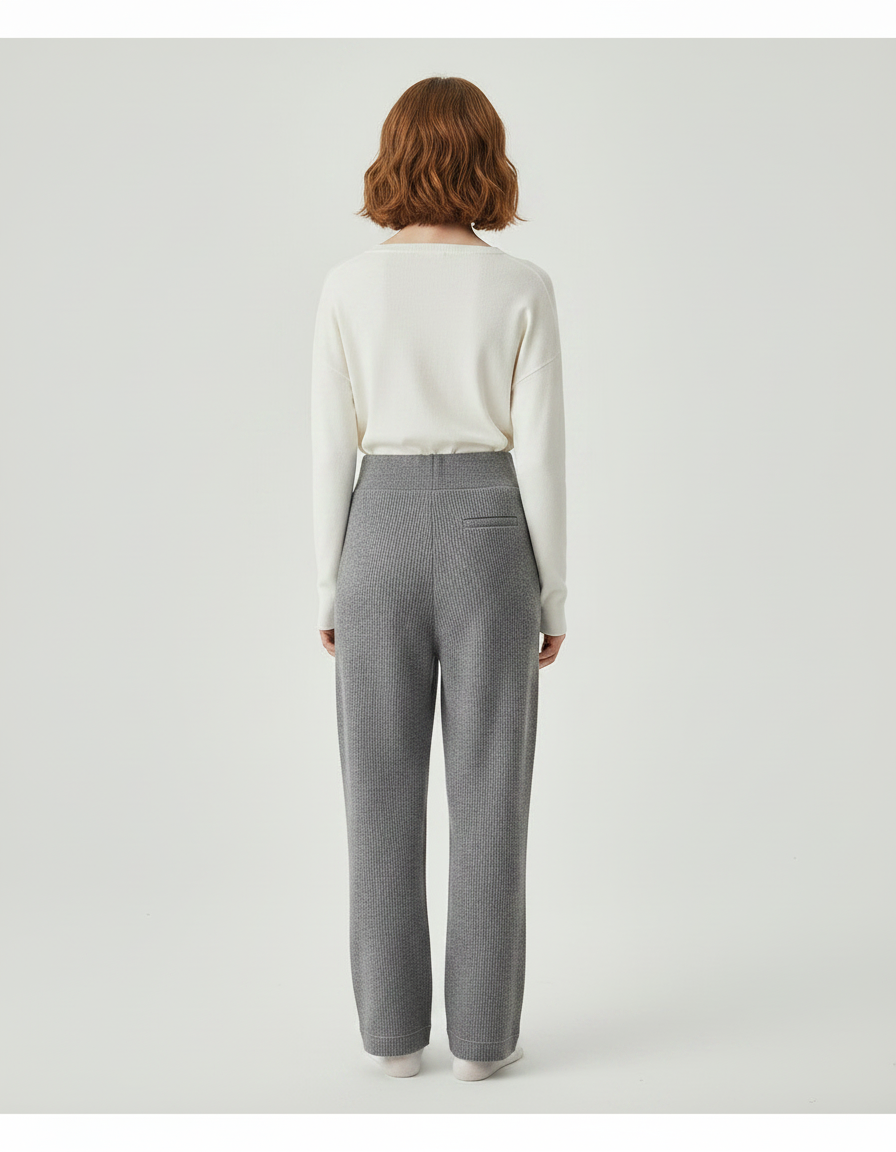 Pantalon Gris Tricoté Large Confortable Décontracté Femme - Maille - vue 2