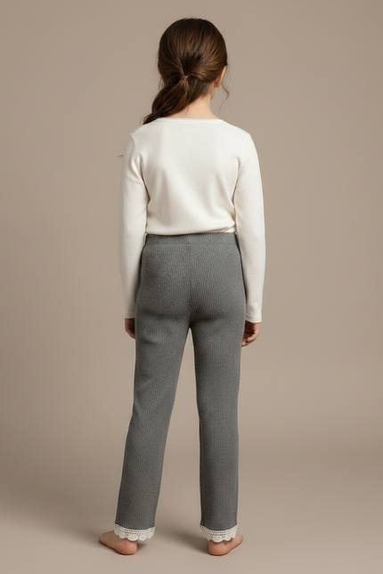 Pantalon Gris Côtelé Dentelle Enfant Fille Doux - Maille - vue 2