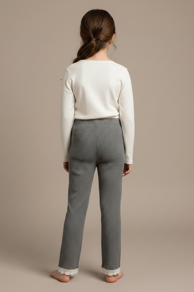 Pantalon Gris Côtelé Dentelle Enfant Fille Doux - Maille - vue 2